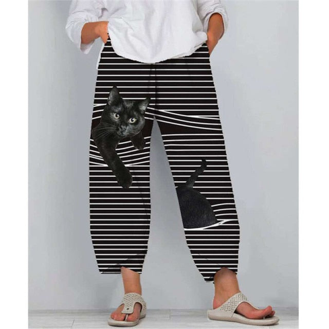 Stripe Cat Elastic Waist Trousers