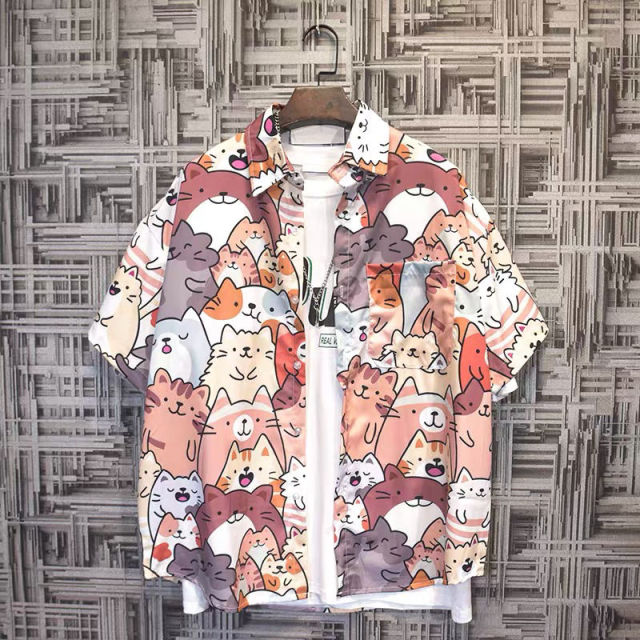 Men Hawaii Cat Loose Shirt