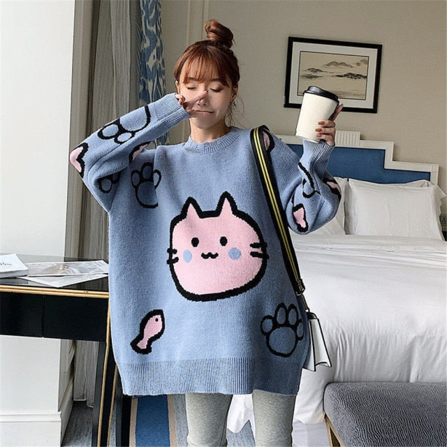 Cat Print Oversized Sweater Women